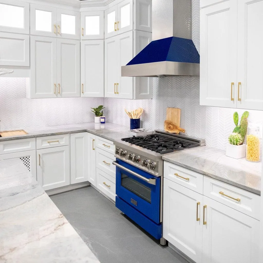 ZLINE Ducted Satin Stainless Steel Wall Mount Range Hood with Blue Gloss Shell and Size Options (8654BG)