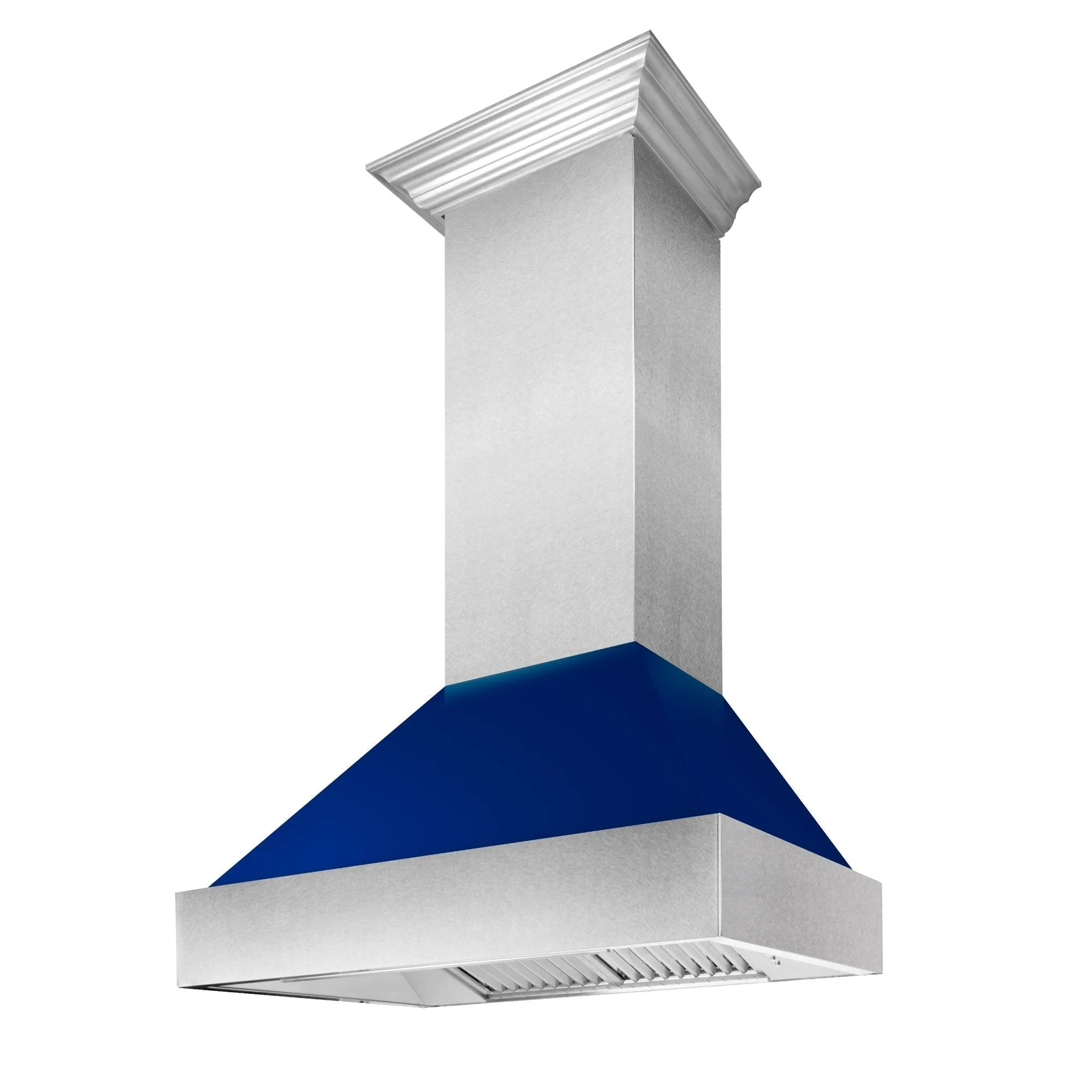 ZLINE Ducted Satin Stainless Steel Wall Mount Range Hood with Blue Gloss Shell and Size Options (8654BG)