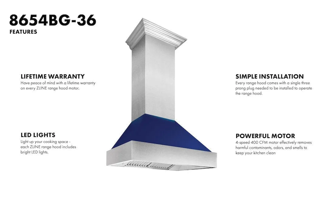 ZLINE Ducted Satin Stainless Steel Wall Mount Range Hood with Blue Gloss Shell and Size Options (8654BG)