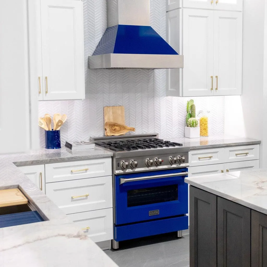 ZLINE Ducted Satin Stainless Steel Wall Mount Range Hood with Blue Gloss Shell and Size Options (8654BG)