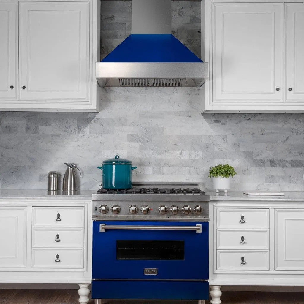 ZLINE Ducted Satin Stainless Steel Wall Mount Range Hood with Blue Gloss Shell and Size Options (8654BG)