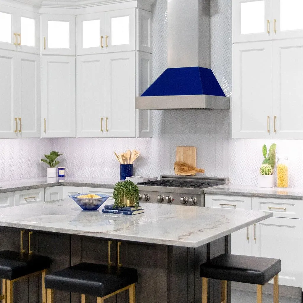 ZLINE Ducted Satin Stainless Steel Wall Mount Range Hood with Blue Gloss Shell and Size Options (8654BG)