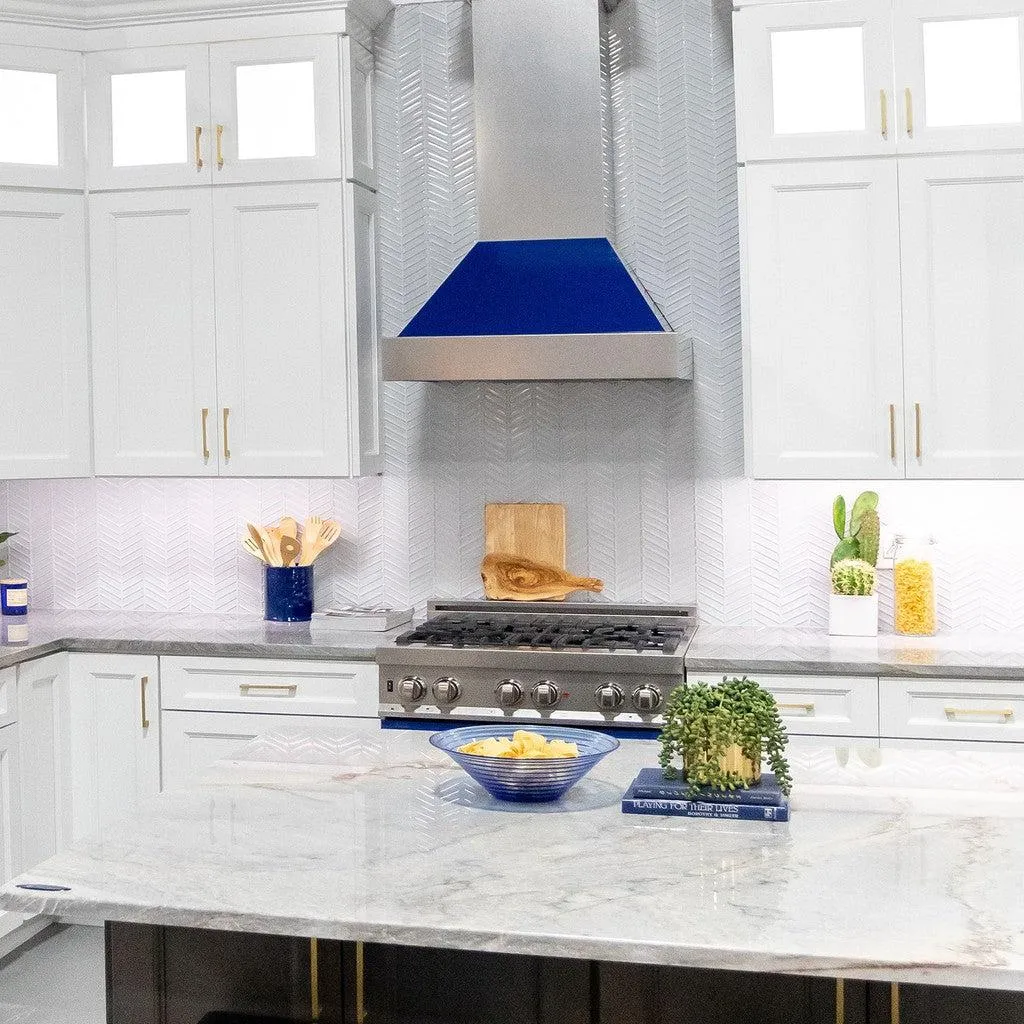 ZLINE Ducted Satin Stainless Steel Wall Mount Range Hood with Blue Gloss Shell and Size Options (8654BG)
