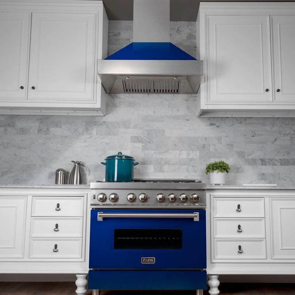 ZLINE Ducted Satin Stainless Steel Wall Mount Range Hood with Blue Gloss Shell and Size Options (8654BG)