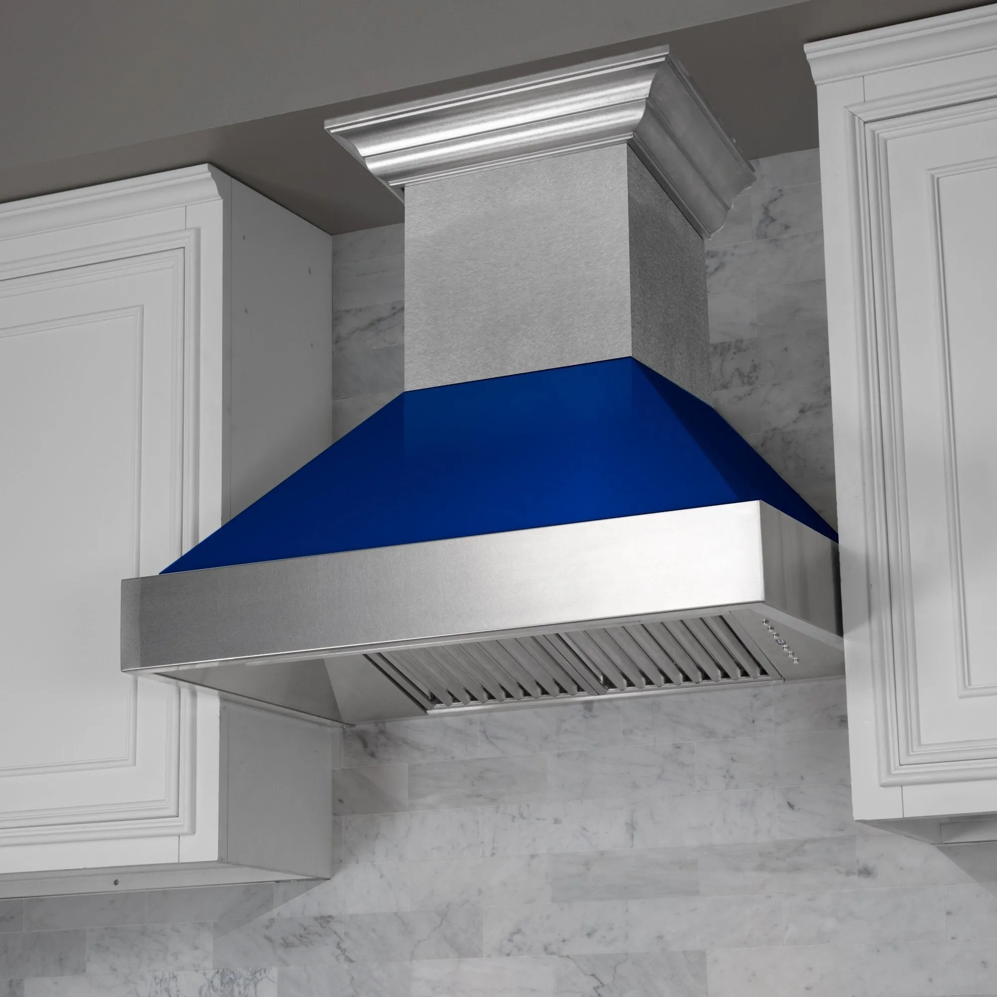 ZLINE Ducted Satin Stainless Steel Wall Mount Range Hood with Blue Gloss Shell and Size Options (8654BG)