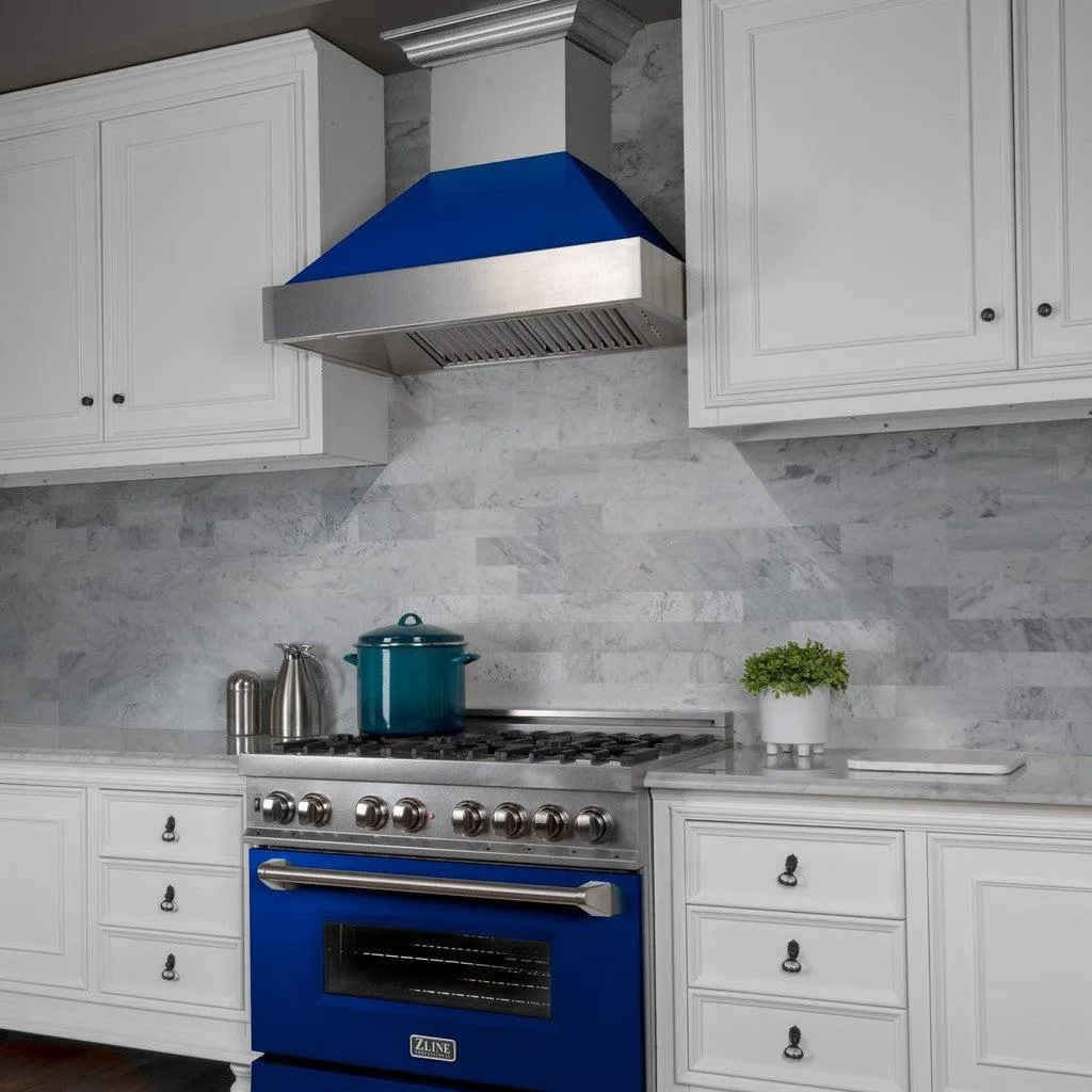 ZLINE Ducted Satin Stainless Steel Wall Mount Range Hood with Blue Gloss Shell and Size Options (8654BG)