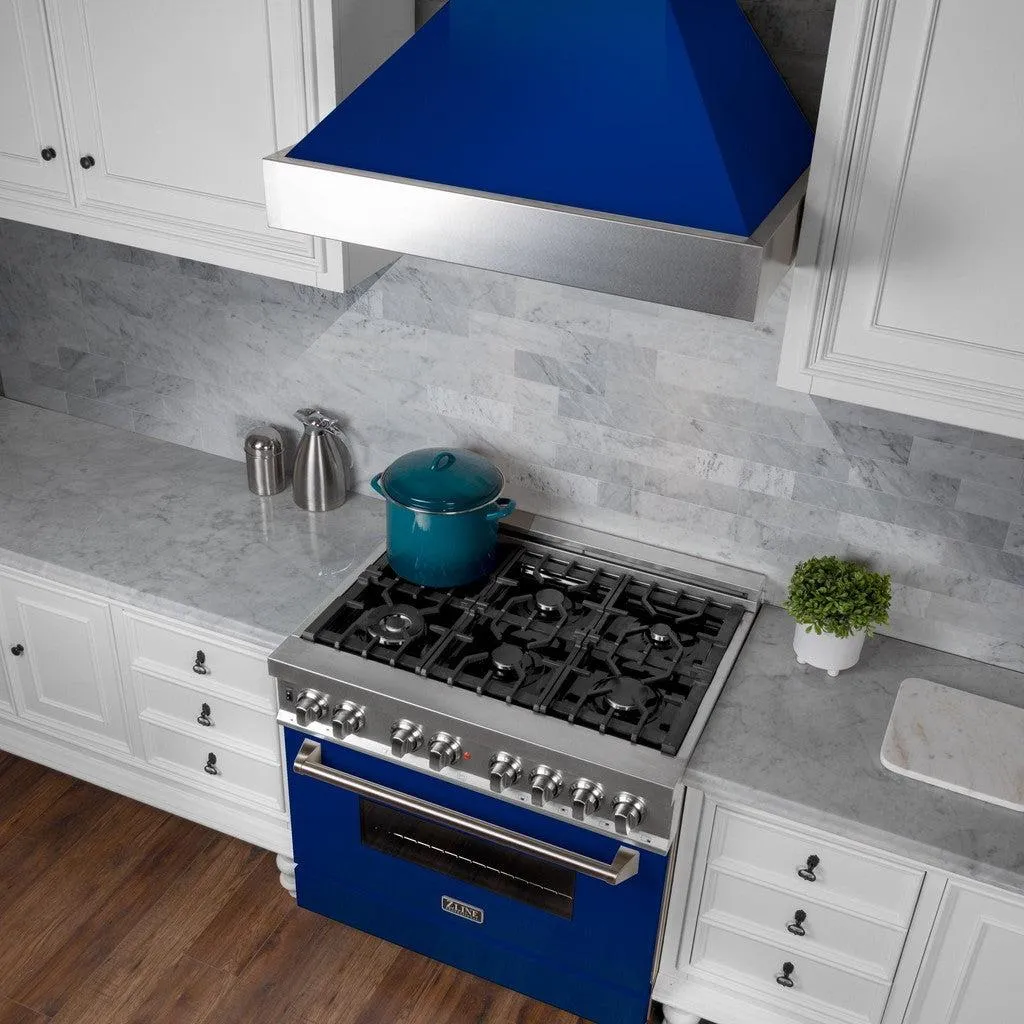 ZLINE Ducted Satin Stainless Steel Wall Mount Range Hood with Blue Gloss Shell and Size Options (8654BG)