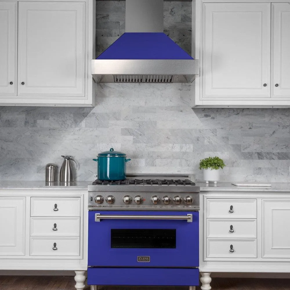 ZLINE Ducted Satin Stainless Steel Wall Mount Range Hood with Blue Matte Shell and Size Options (8654BM)