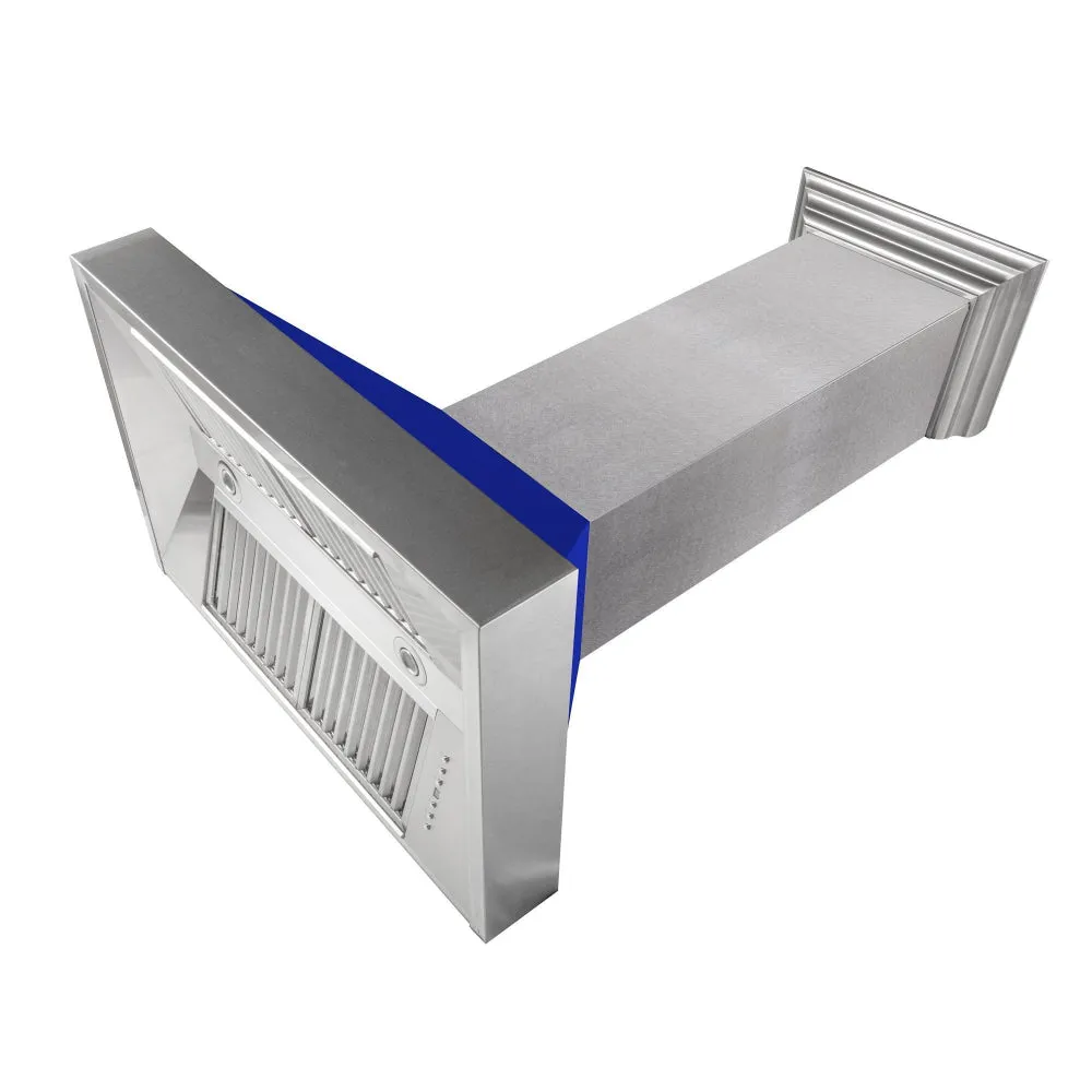 ZLINE Ducted Satin Stainless Steel Wall Mount Range Hood with Blue Matte Shell and Size Options (8654BM)