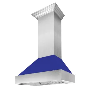 ZLINE Ducted Satin Stainless Steel Wall Mount Range Hood with Blue Matte Shell and Size Options (8654BM)