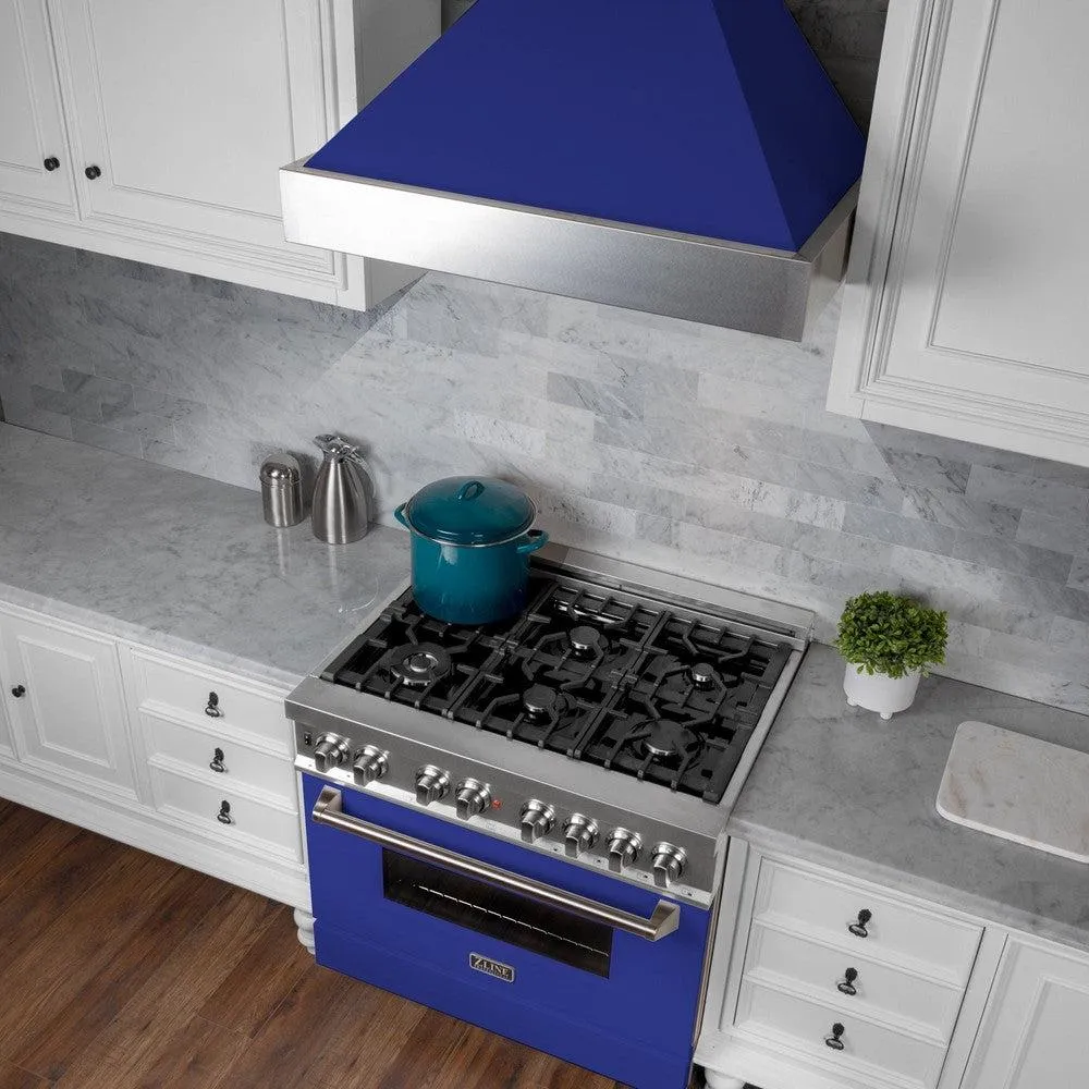 ZLINE Ducted Satin Stainless Steel Wall Mount Range Hood with Blue Matte Shell and Size Options (8654BM)