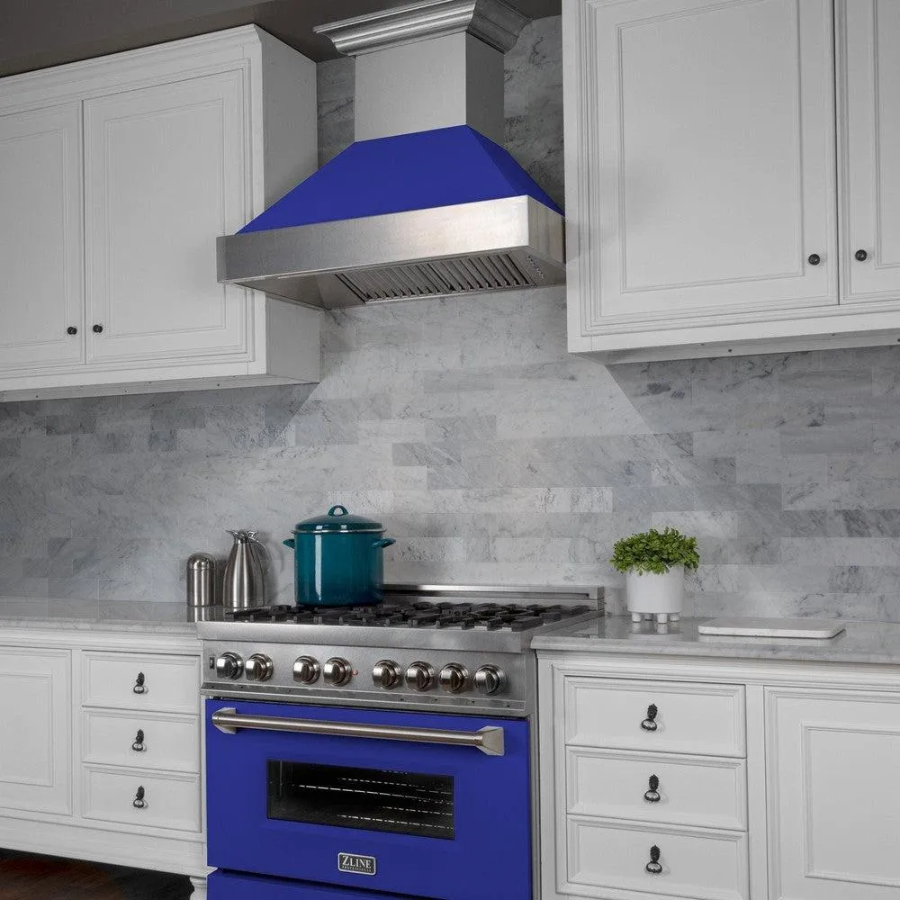 ZLINE Ducted Satin Stainless Steel Wall Mount Range Hood with Blue Matte Shell and Size Options (8654BM)