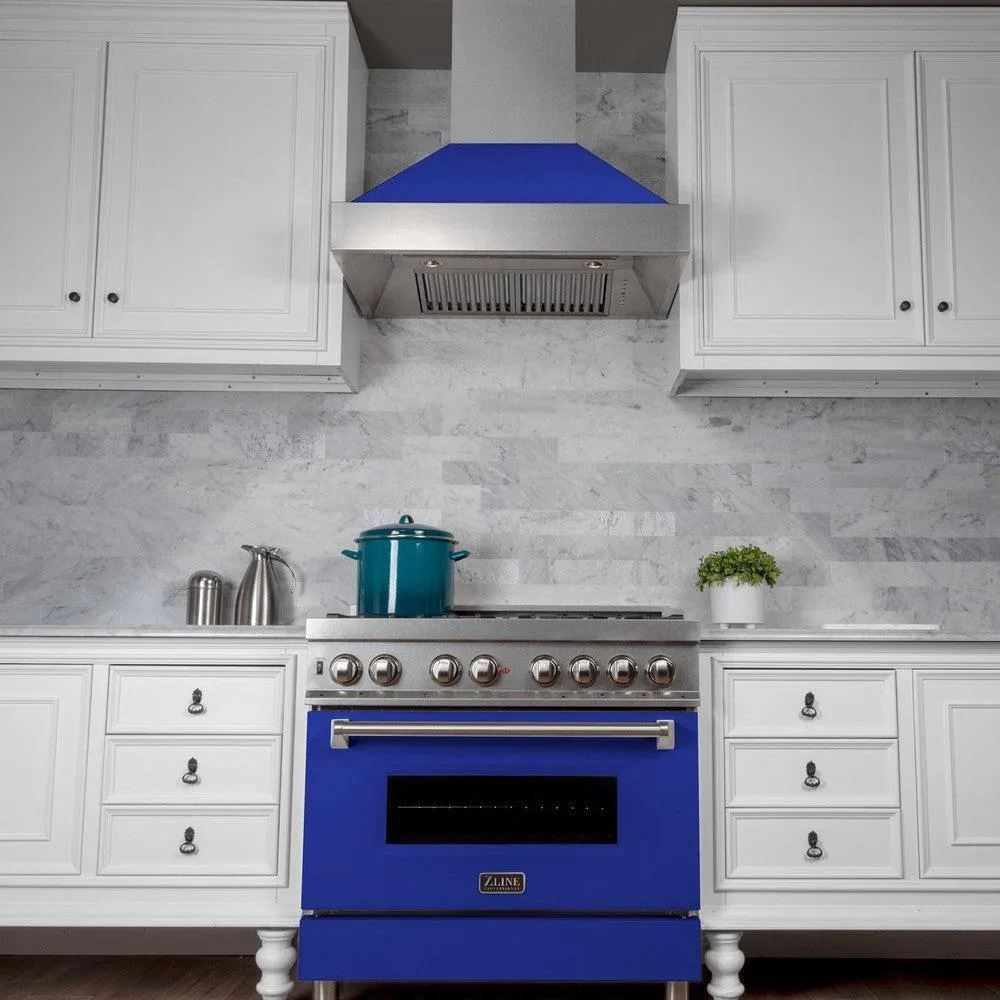 ZLINE Ducted Satin Stainless Steel Wall Mount Range Hood with Blue Matte Shell and Size Options (8654BM)