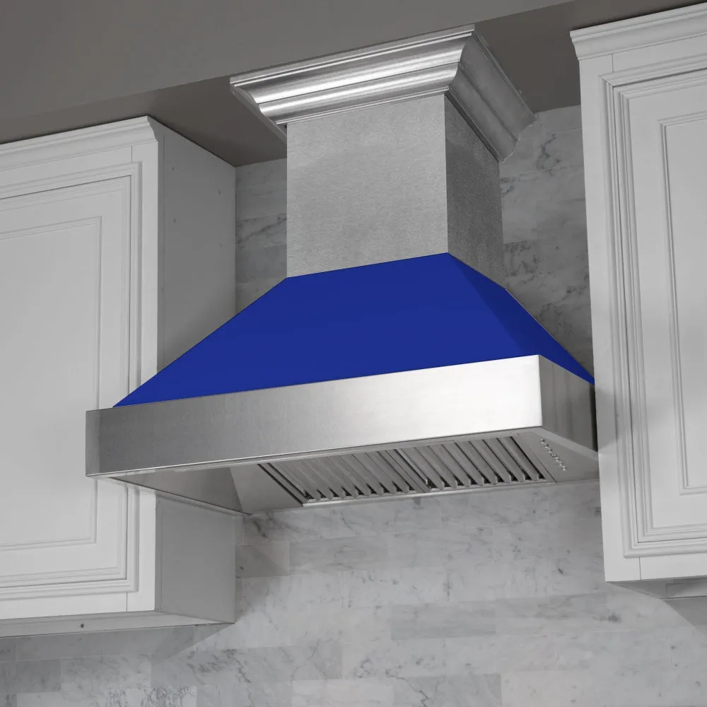 ZLINE Ducted Satin Stainless Steel Wall Mount Range Hood with Blue Matte Shell and Size Options (8654BM)