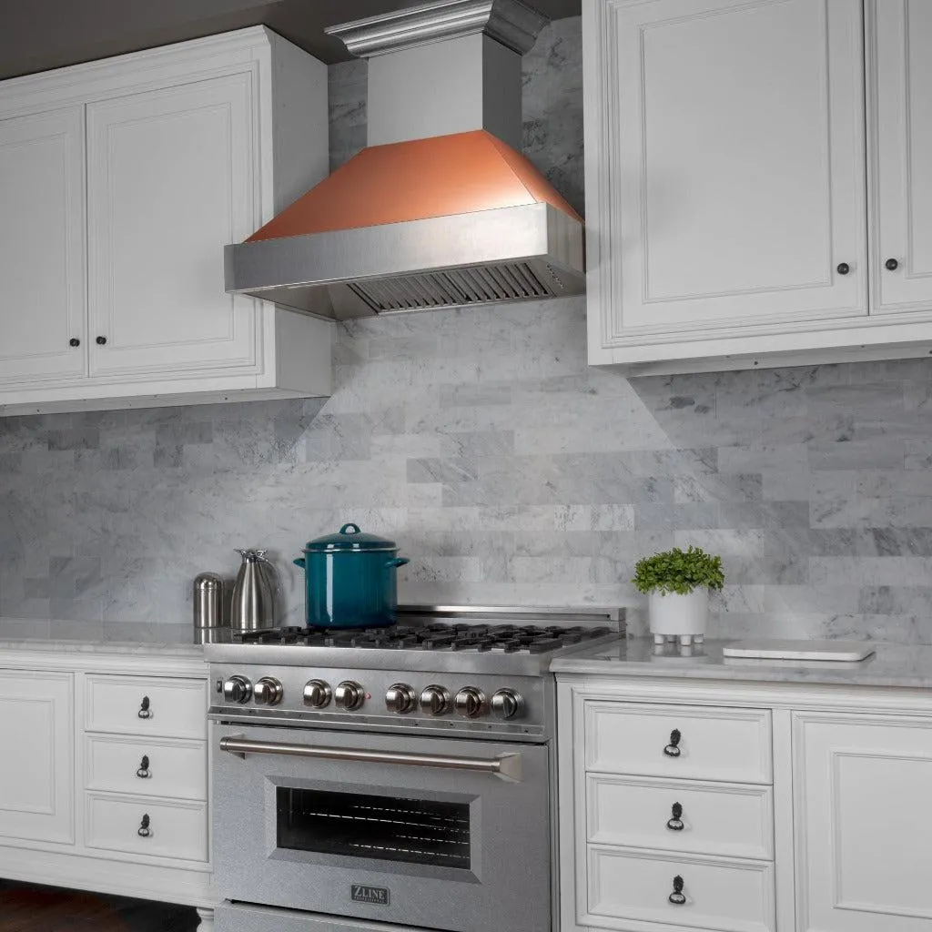 ZLINE Ducted Satin Stainless Steel Wall Mount Range Hood with Copper Shell and Size Options (8654C)
