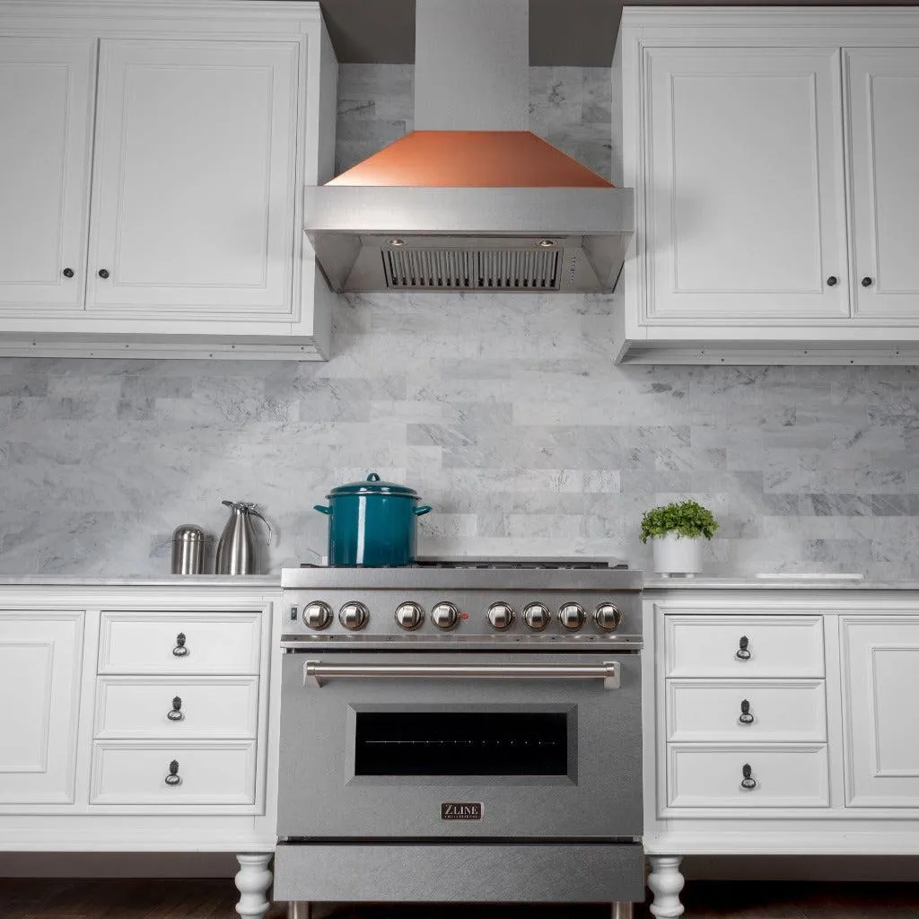 ZLINE Ducted Satin Stainless Steel Wall Mount Range Hood with Copper Shell and Size Options (8654C)