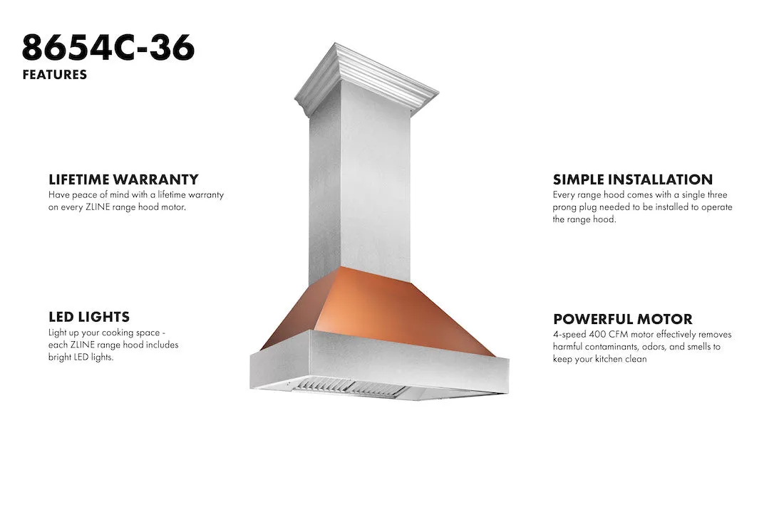 ZLINE Ducted Satin Stainless Steel Wall Mount Range Hood with Copper Shell and Size Options (8654C)
