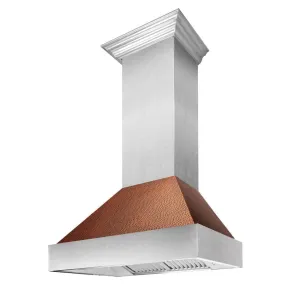 ZLINE Ducted Satin Stainless Steel Wall Mount Range Hood with Hand-Hammered Copper Shell and Size Options (8654HH)