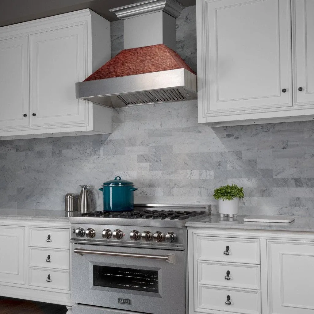 ZLINE Ducted Satin Stainless Steel Wall Mount Range Hood with Hand-Hammered Copper Shell and Size Options (8654HH)
