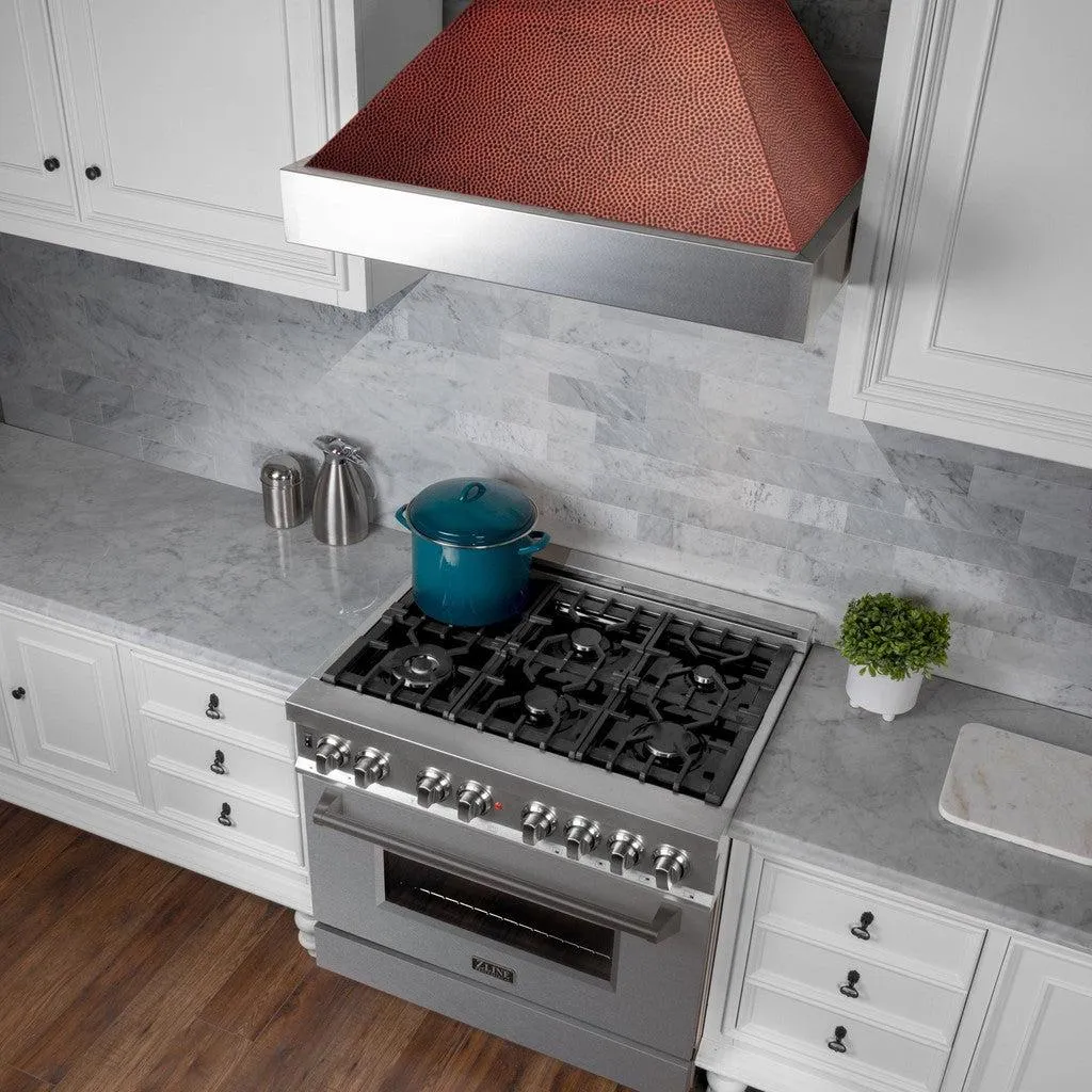 ZLINE Ducted Satin Stainless Steel Wall Mount Range Hood with Hand-Hammered Copper Shell and Size Options (8654HH)