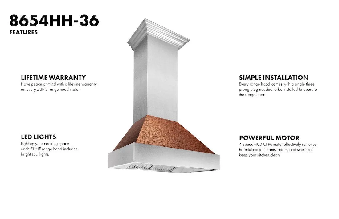 ZLINE Ducted Satin Stainless Steel Wall Mount Range Hood with Hand-Hammered Copper Shell and Size Options (8654HH)
