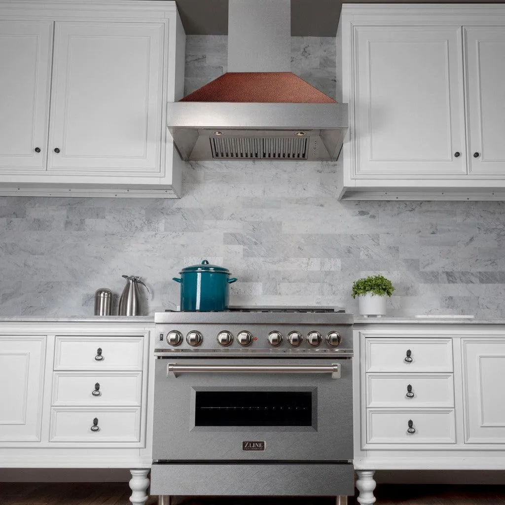 ZLINE Ducted Satin Stainless Steel Wall Mount Range Hood with Hand-Hammered Copper Shell and Size Options (8654HH)