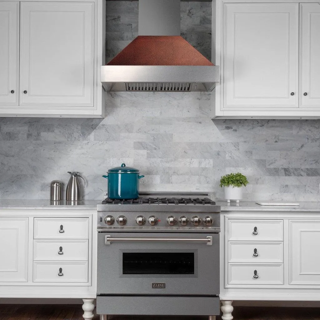 ZLINE Ducted Satin Stainless Steel Wall Mount Range Hood with Hand-Hammered Copper Shell and Size Options (8654HH)