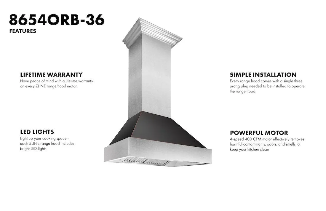 ZLINE Ducted Satin Stainless Steel Wall Mount Range Hood with Oil Rubbed Bronze Shell and Size Options (8654ORB)