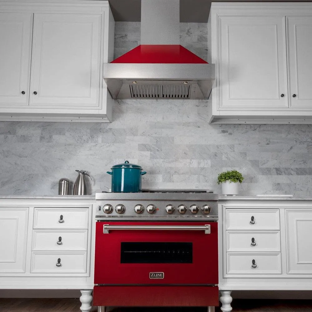 ZLINE Ducted Satin Stainless Steel Wall Mount Range Hood with Red Gloss Shell and Size Options (8654RG)
