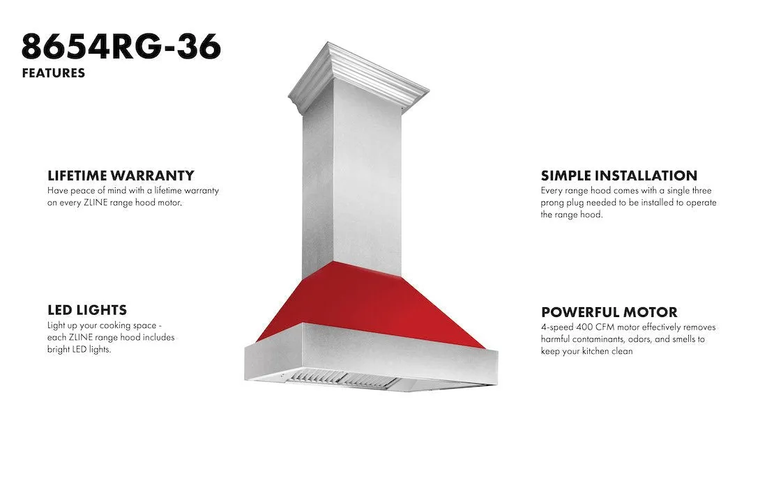 ZLINE Ducted Satin Stainless Steel Wall Mount Range Hood with Red Gloss Shell and Size Options (8654RG)