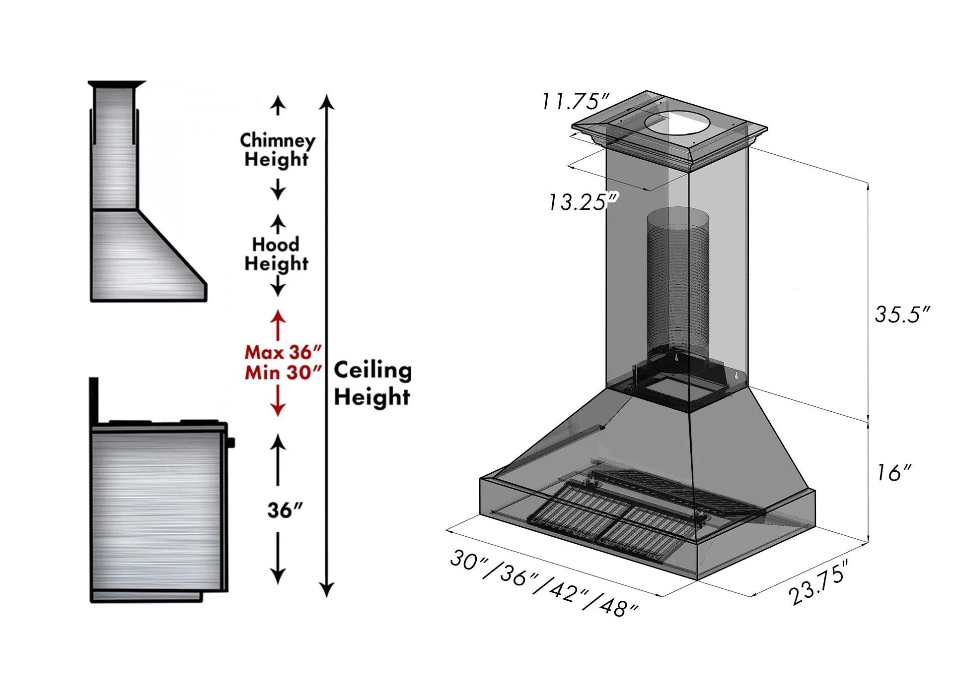 ZLINE Ducted Satin Stainless Steel Wall Mount Range Hood with Red Gloss Shell and Size Options (8654RG)