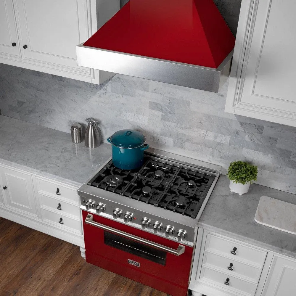 ZLINE Ducted Satin Stainless Steel Wall Mount Range Hood with Red Gloss Shell and Size Options (8654RG)