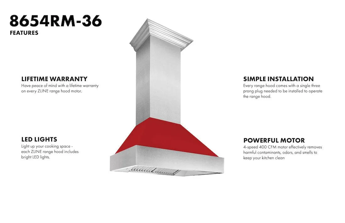 ZLINE Ducted Satin Stainless Steel Wall Mount Range Hood with Red Matte Shell and Size Options (8654RM)