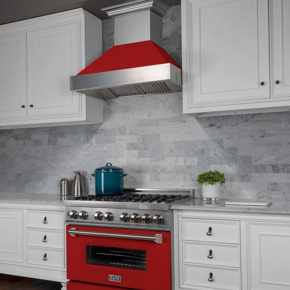 ZLINE Ducted Satin Stainless Steel Wall Mount Range Hood with Red Matte Shell and Size Options (8654RM)