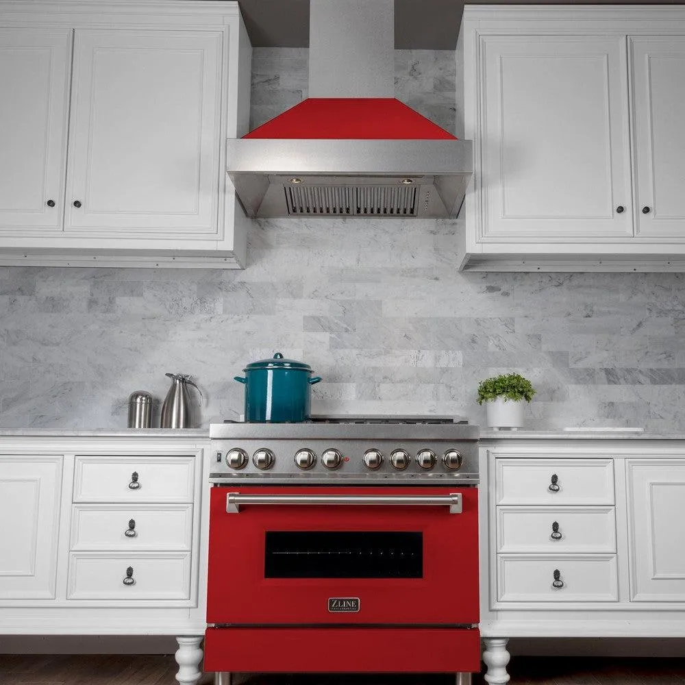 ZLINE Ducted Satin Stainless Steel Wall Mount Range Hood with Red Matte Shell and Size Options (8654RM)