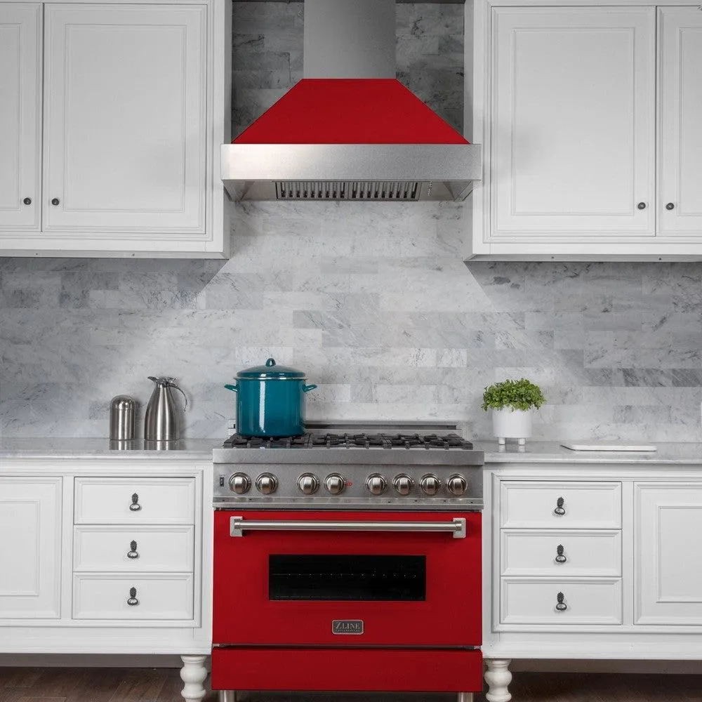 ZLINE Ducted Satin Stainless Steel Wall Mount Range Hood with Red Matte Shell and Size Options (8654RM)