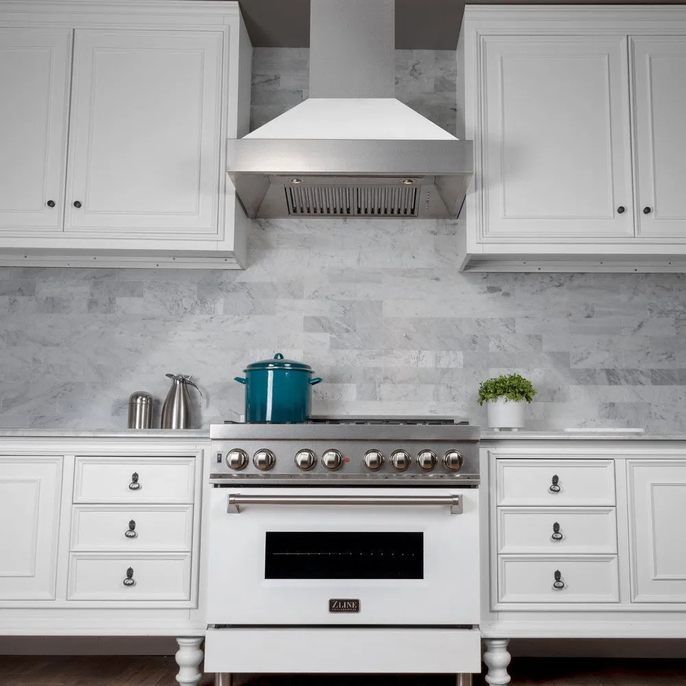 ZLINE Ducted Satin Stainless Steel Wall Mount Range Hood with White Matte Shell and Size Options (8654WM)