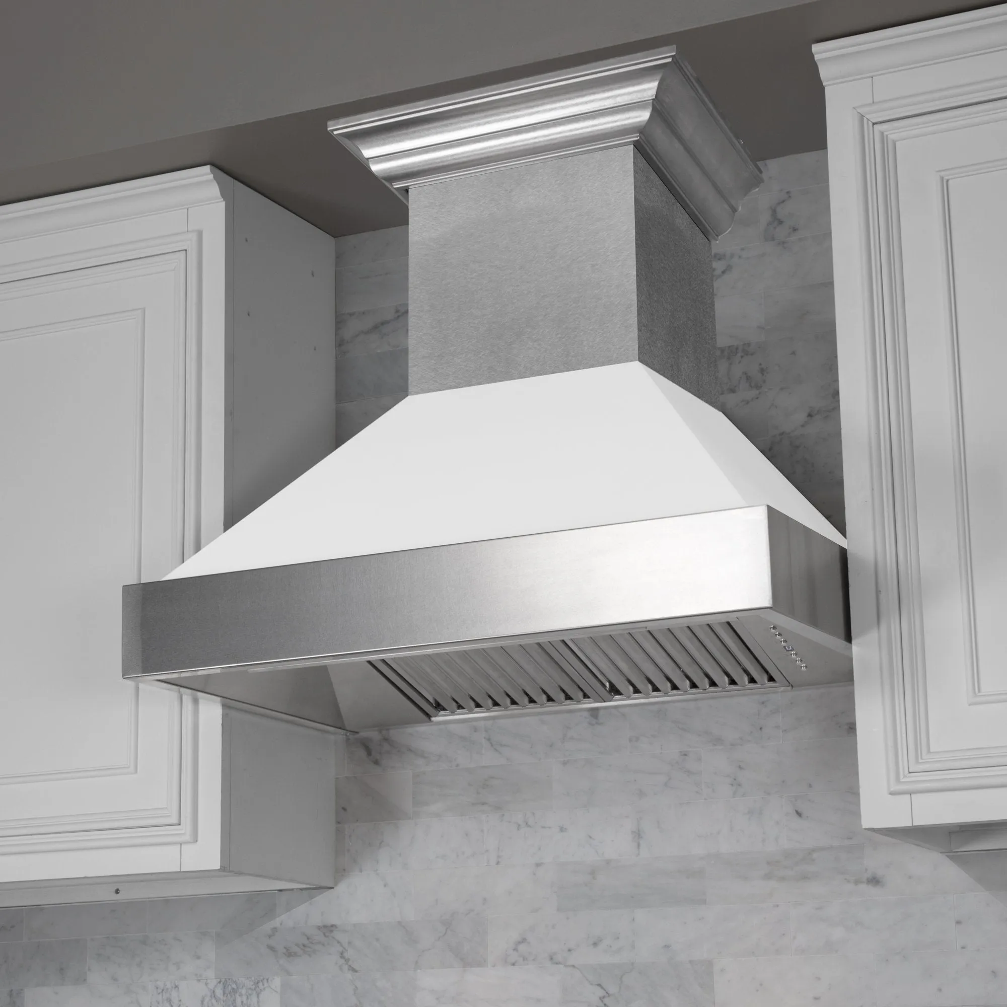 ZLINE Ducted Satin Stainless Steel Wall Mount Range Hood with White Matte Shell and Size Options (8654WM)