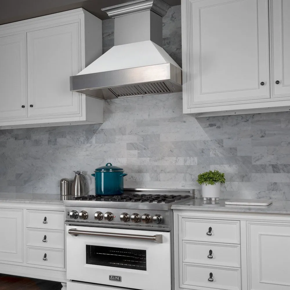ZLINE Ducted Satin Stainless Steel Wall Mount Range Hood with White Matte Shell and Size Options (8654WM)