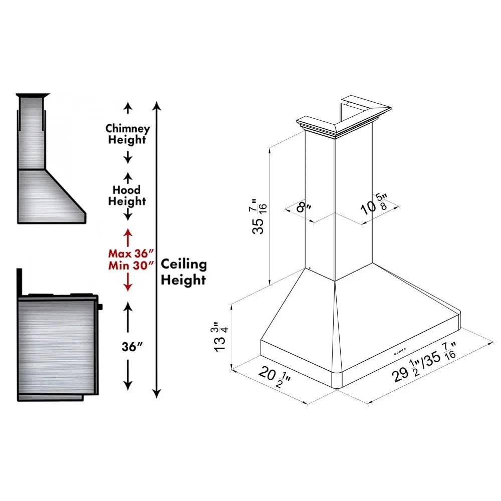 ZLINE Ducted Wall Mount Range Hood in Satin Stainless Steel with Size Options (8KF2S)