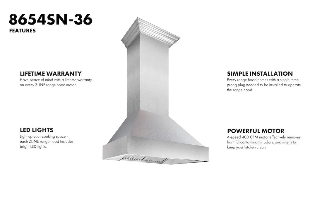 ZLINE Satin Stainless Steel Wall Mount Range Hood with Size Options (8654SN)
