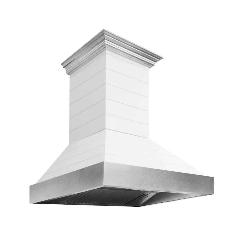 ZLINE Wooden Wall Mount Range Hood in Rustic Shiplap Bright White Finish with Stainless Steel Accents with Size Options (365WW)