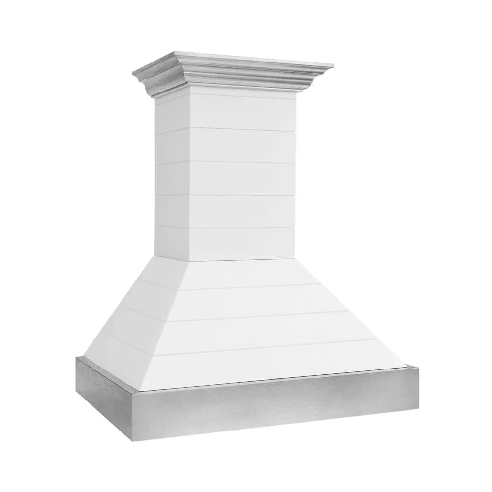 ZLINE Wooden Wall Mount Range Hood in Rustic Shiplap Bright White Finish with Stainless Steel Accents with Size Options (365WW)