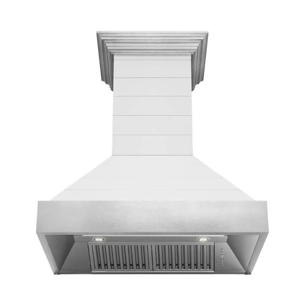ZLINE Wooden Wall Mount Range Hood in Rustic Shiplap Bright White Finish with Stainless Steel Accents with Size Options (365WW)
