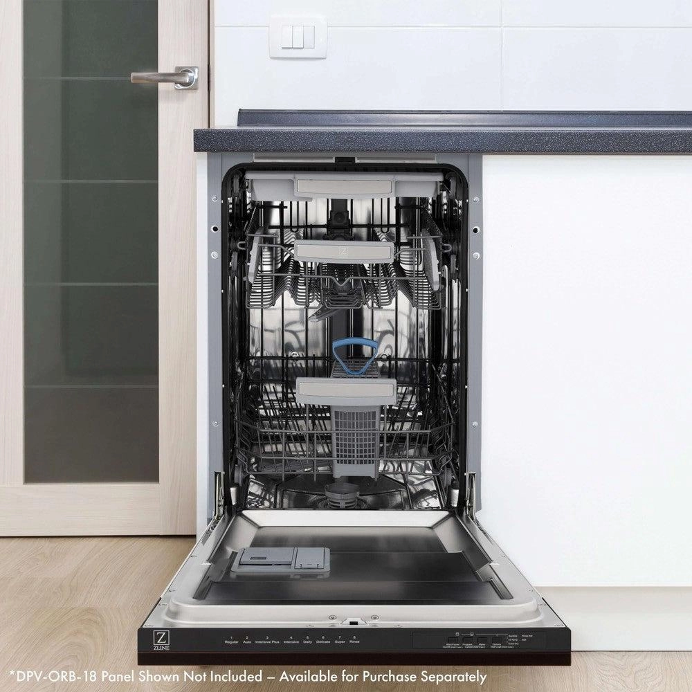 ZLINE 18 in. Tallac Series 3rd Rack Top Control Built-In Dishwasher in Custom Panel Ready with Stainless Steel Tub, 51dBa (DWV-18)